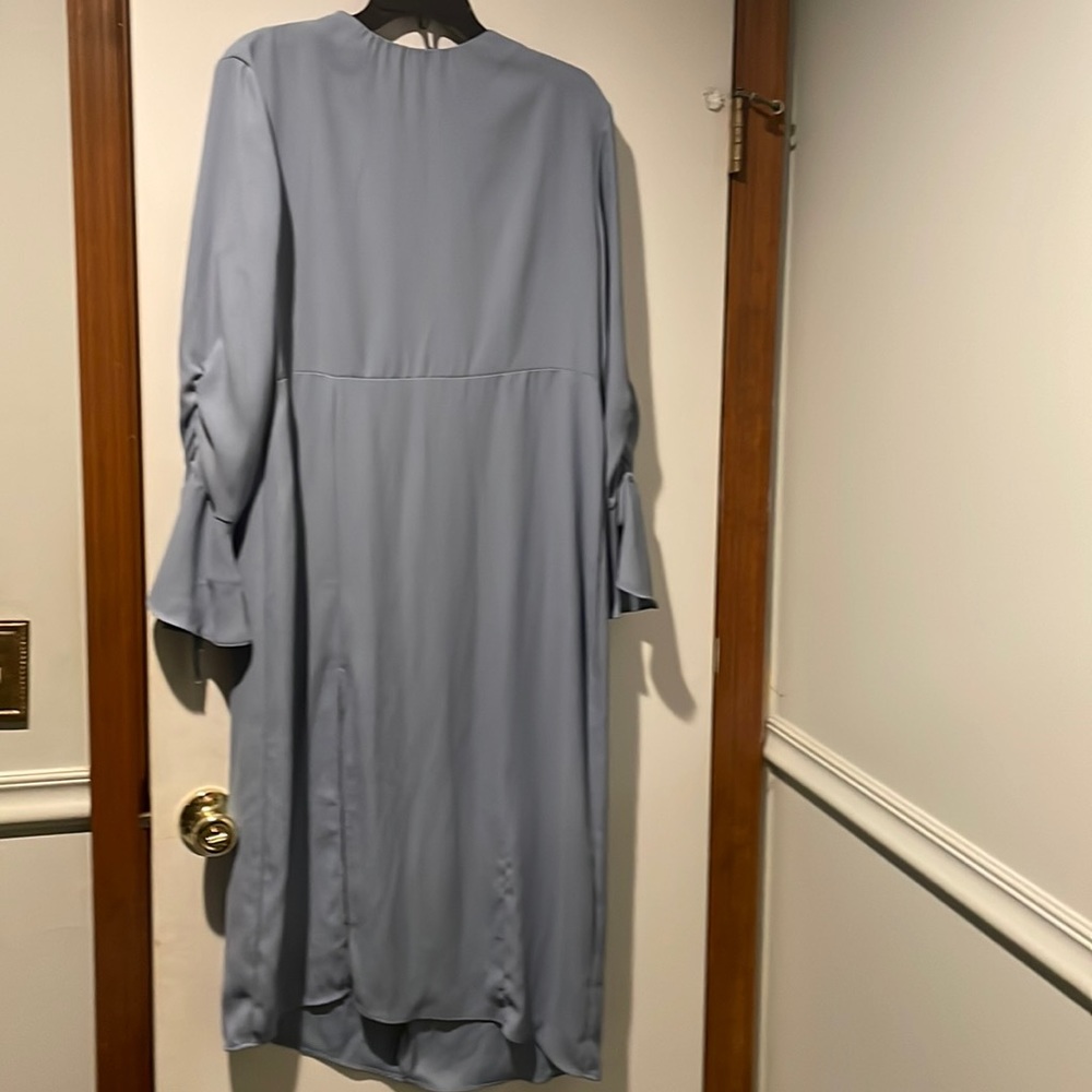 Powder blue asymmetrical long sleeve maxi length sheath dress